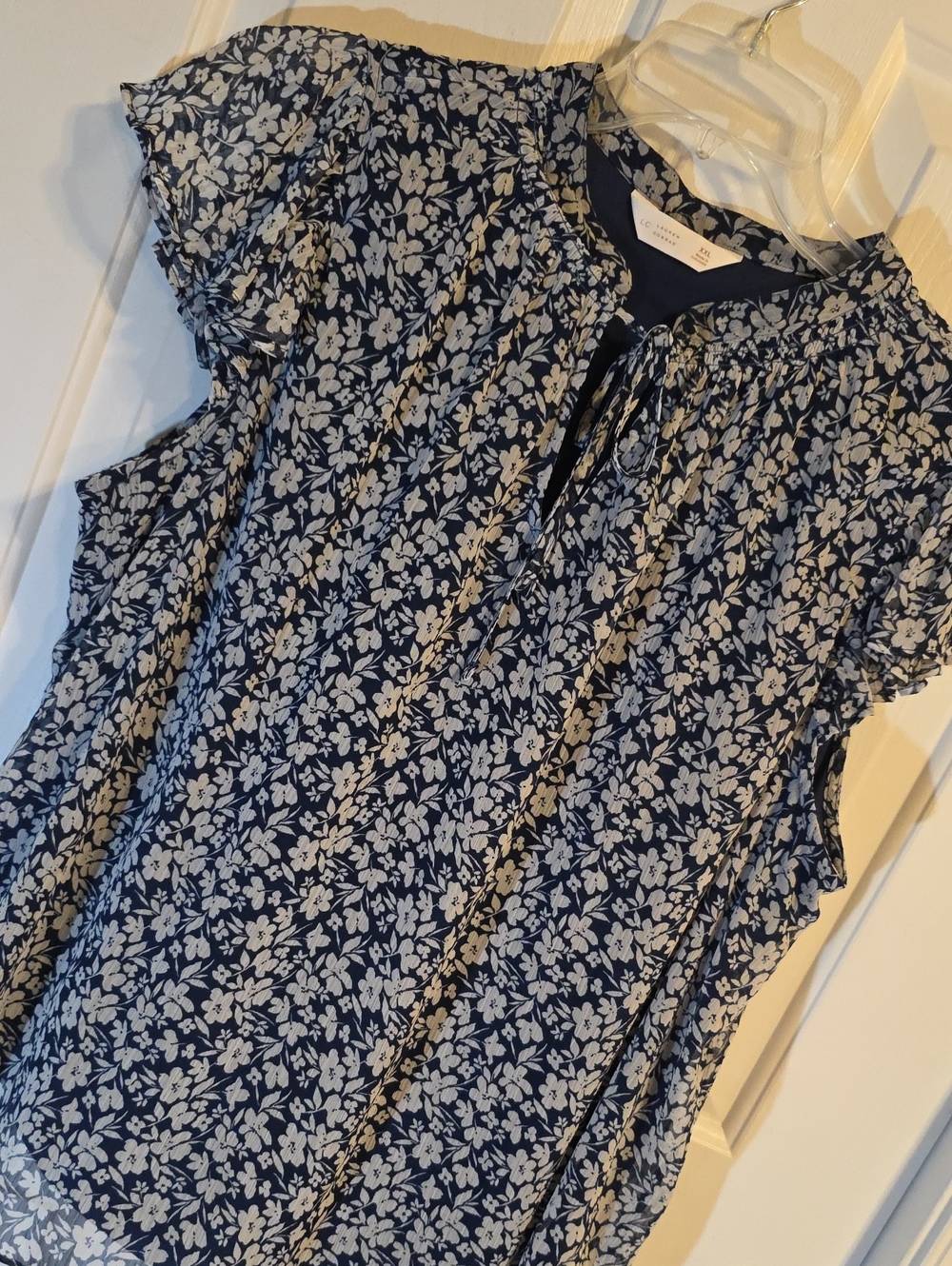 LC Lauren Conrad Navy Floral Tie-Neck Blouse